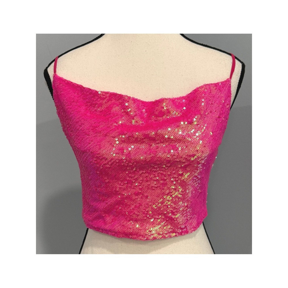NWT GB Giani Bini Women's Small Hot Pink Sequin Cowl Neck Crop Top Tie Back